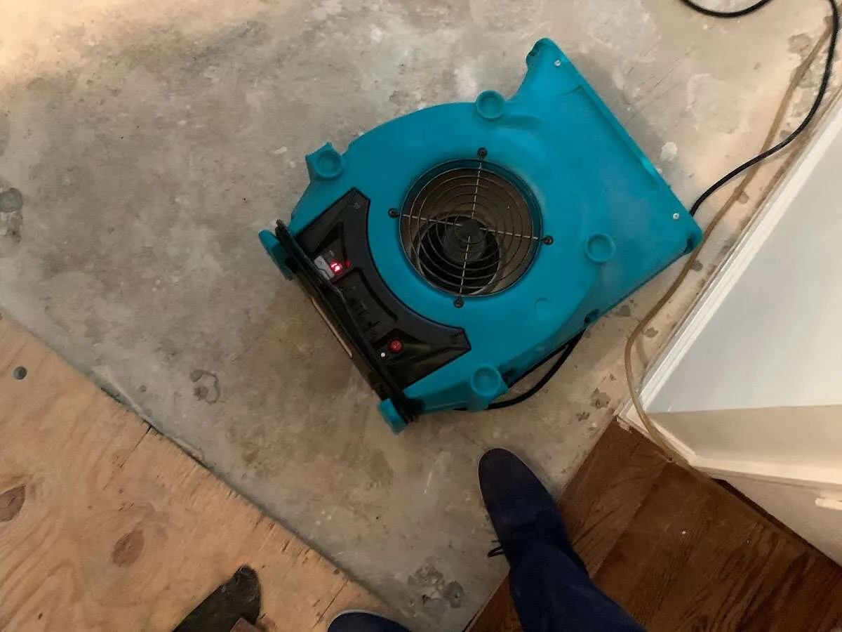 Air mover drying subfloor during Leak Detection & Repair in North Branch
